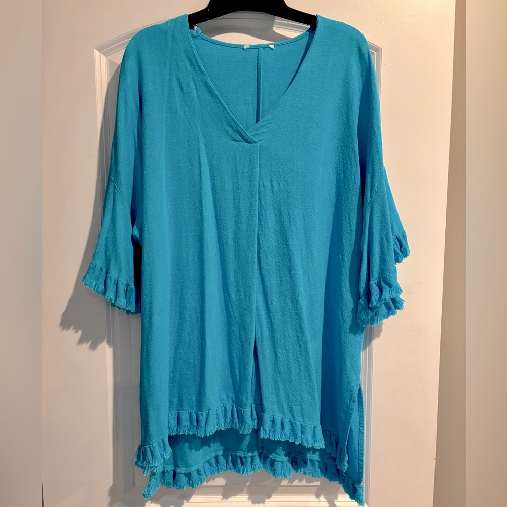 Umgee Blue V-Neck Ruffle Hem Tunic